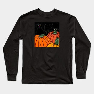 Black Cat and Friends in the Halloween Pumpkin Patch at Night Long Sleeve T-Shirt